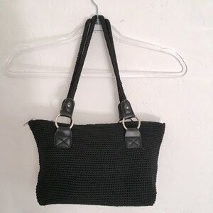 Black Crochet Shoulder Bag Knit Woven Purse Medium